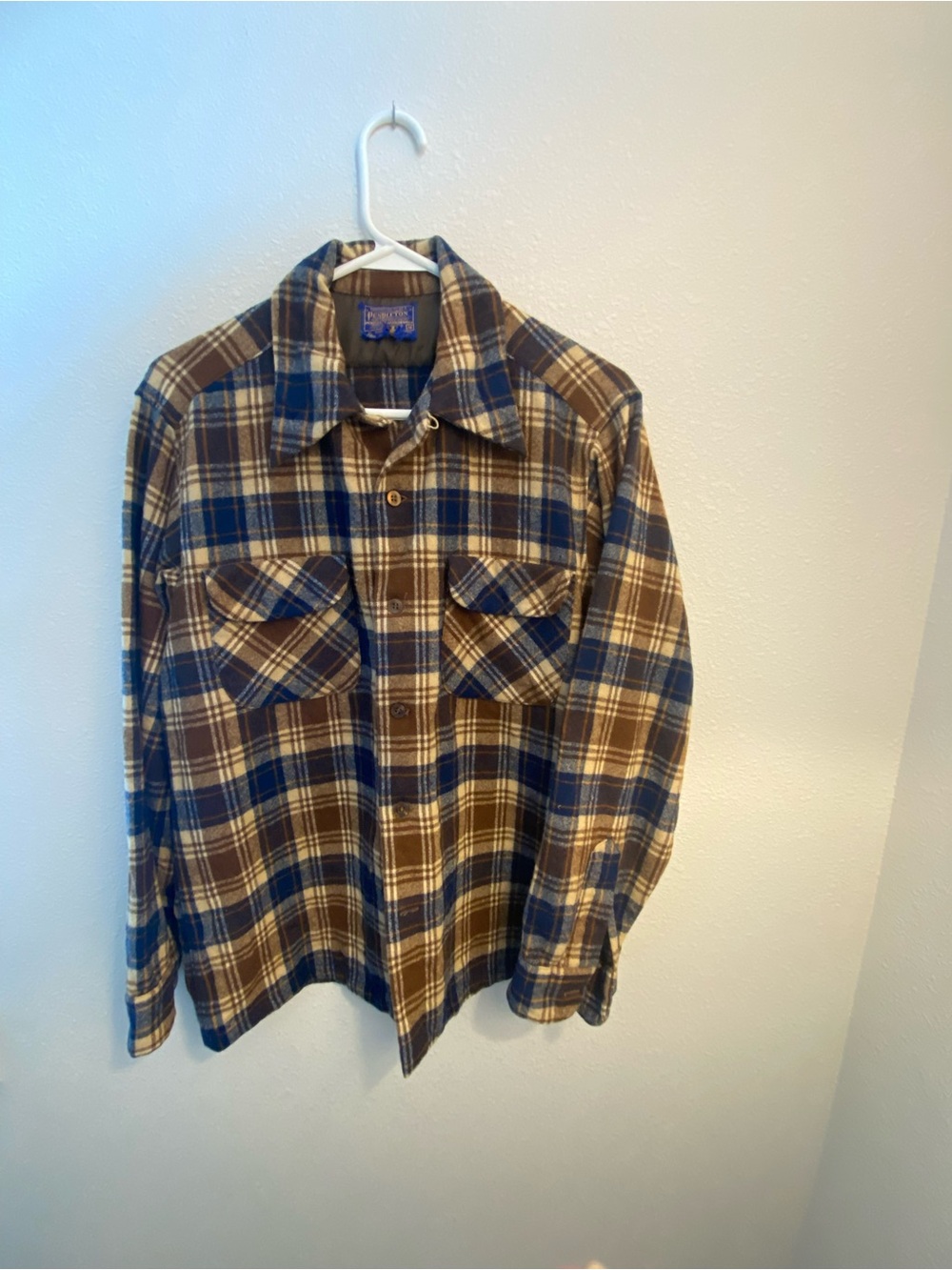Pendleton Brown, Navy & Cream Plaid Wool Jacket